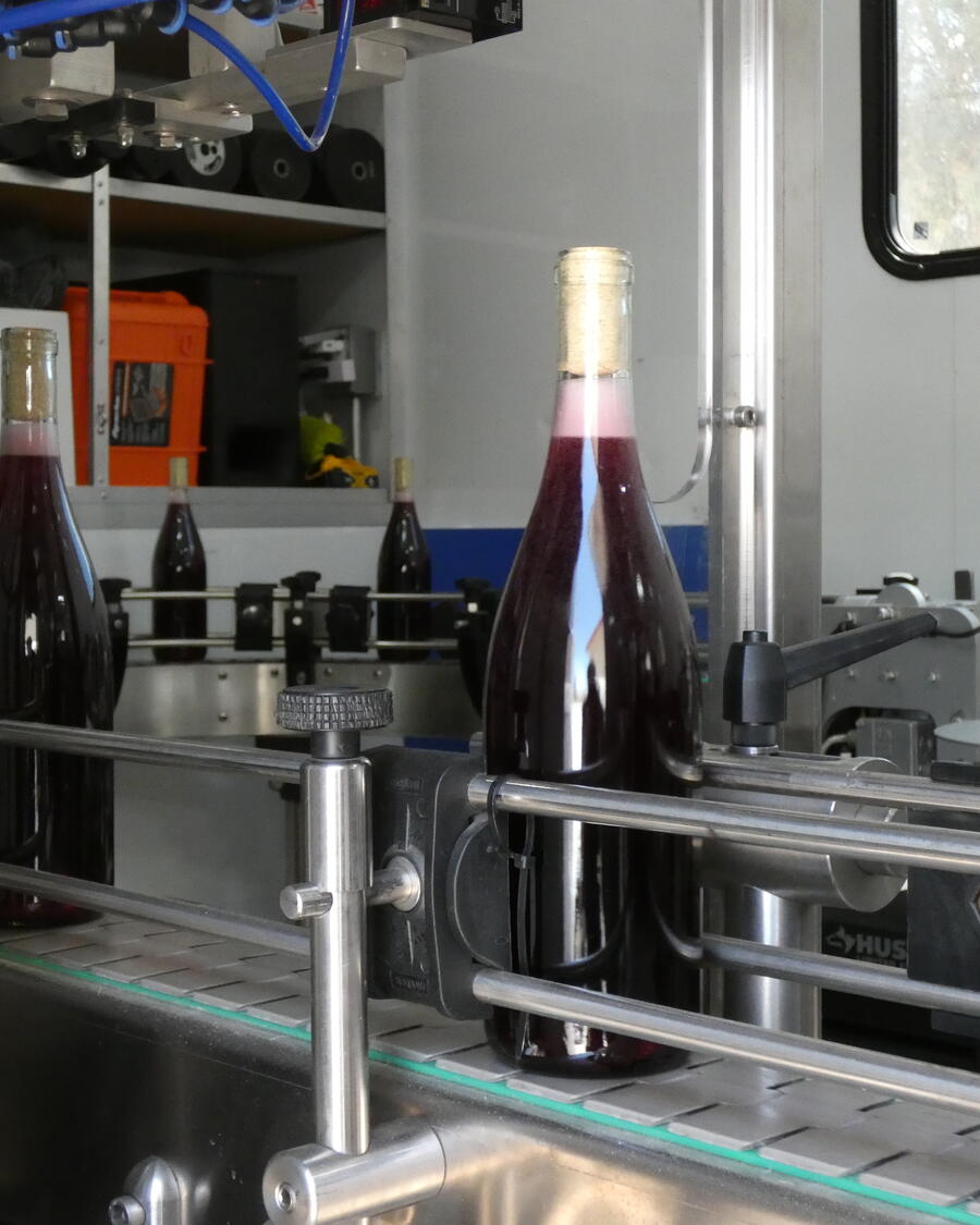 A bottle being dressed on our in-house labelling line